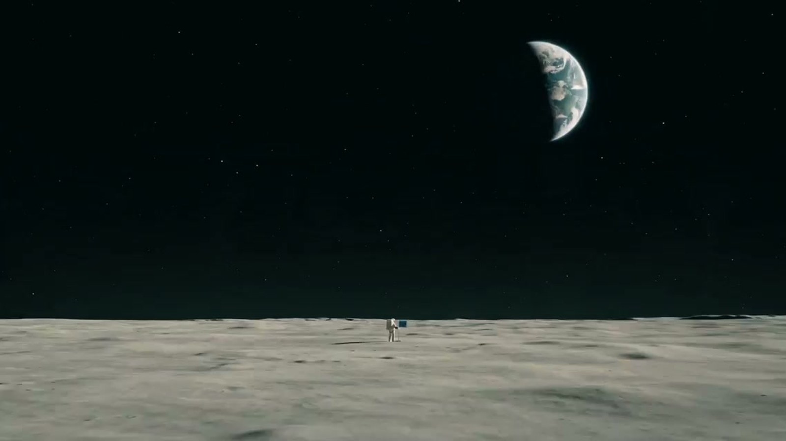 An astronaut planting a European flag on the Moon, with Earth on the horizon